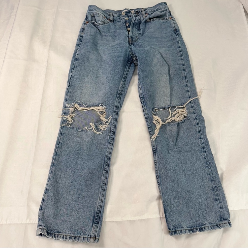 Topshop Blue Straight Leg Jeans with Distressed Knees